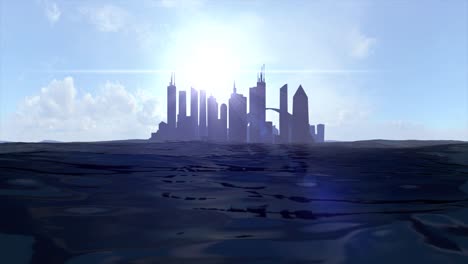 Stadtbild-Skyline-Ozean-Steigender-Meeresspiegel-Silhouette-Wolkenkratzer-Zukünftige-Insel-4k